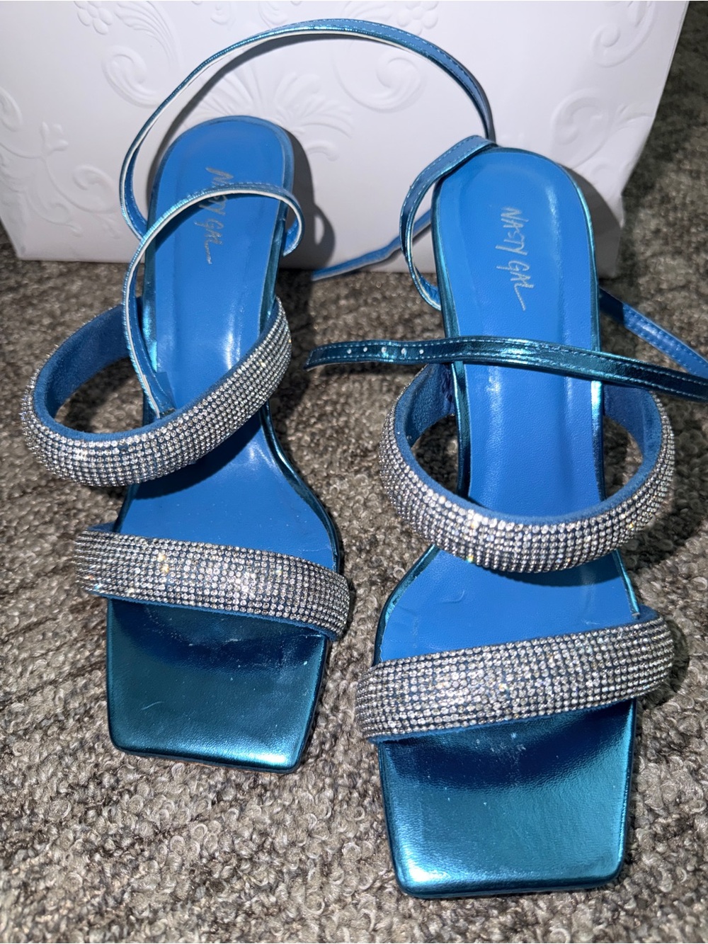 Nasty Gal Metallic Blue Crystal-Strap Square-Toe Heels worn once - size 8